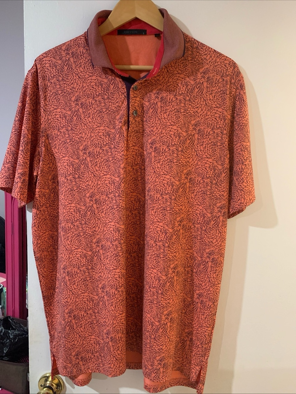 Greyson Orange Patterned Polo Shirt Wolf print